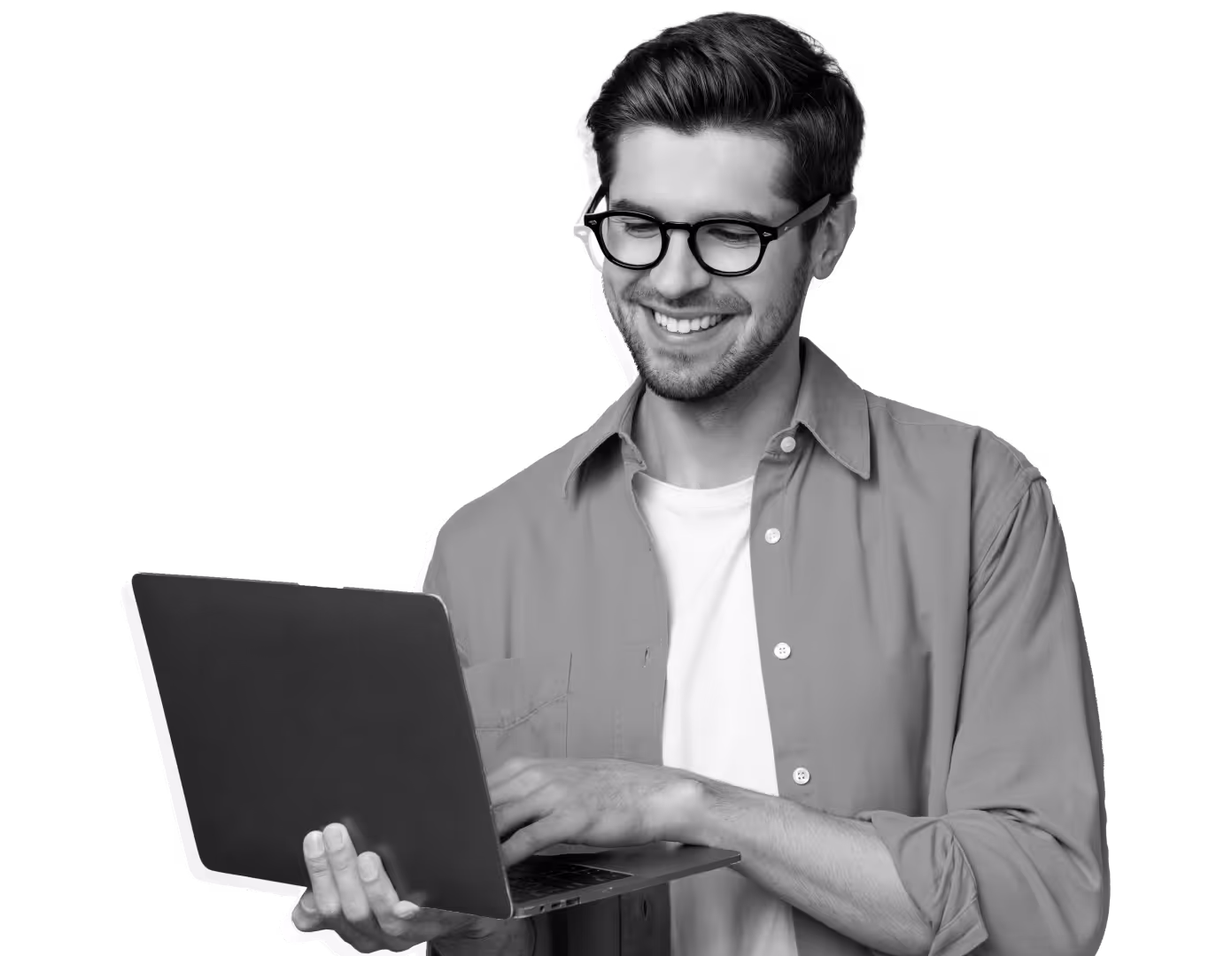 Smiling professional with laptop, representing startup leaders supported by oAT fractional generalists