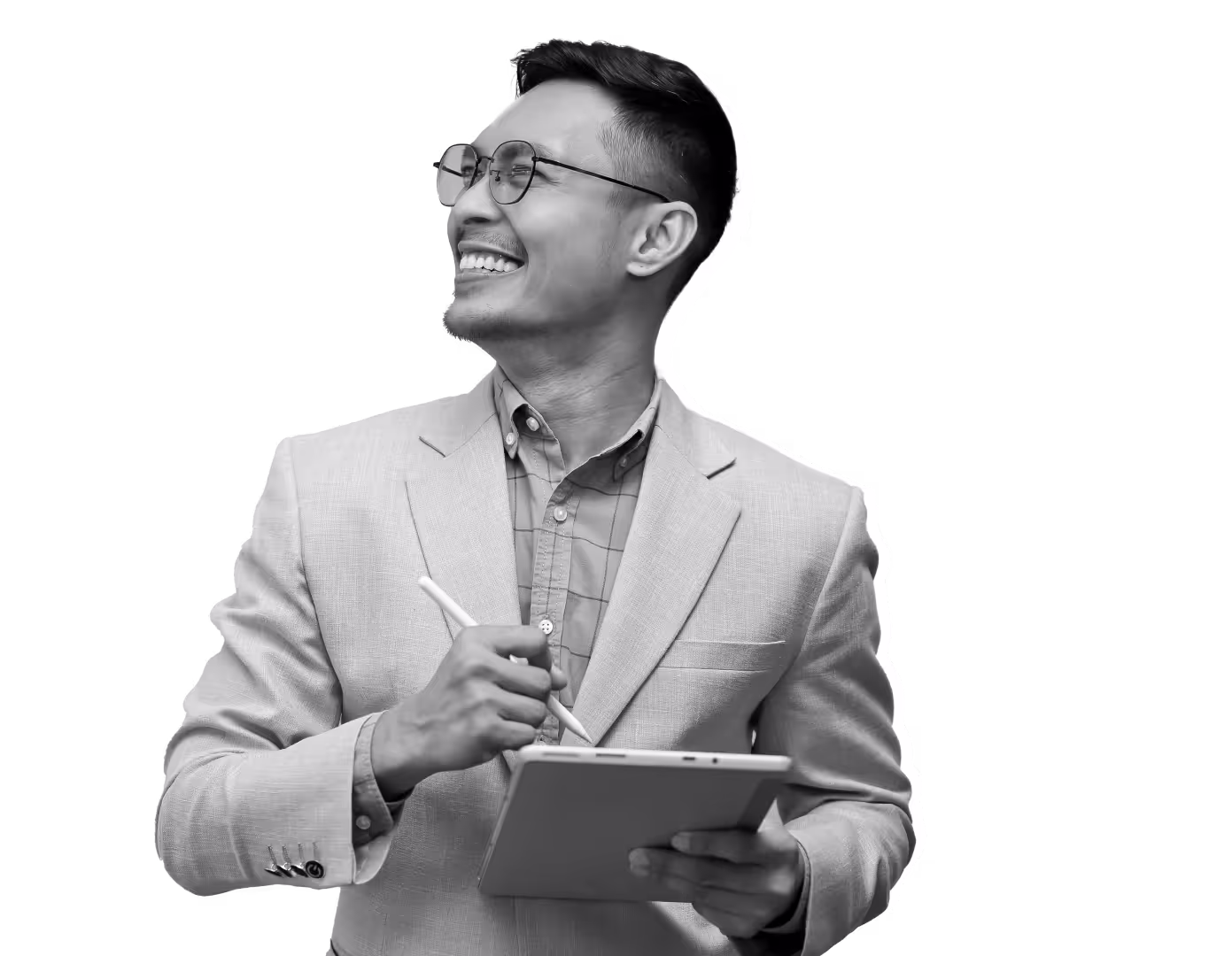 Smiling professionals with laptop, representing startup leaders supported by oAT fractional generalists